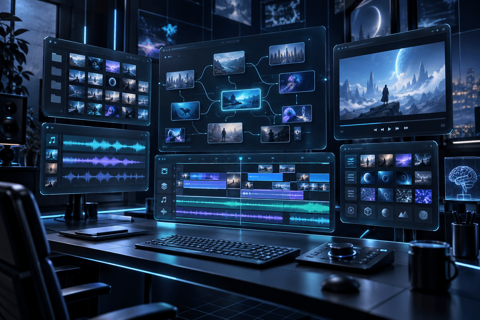 What a desktop production workspace for marketing video actually looks like